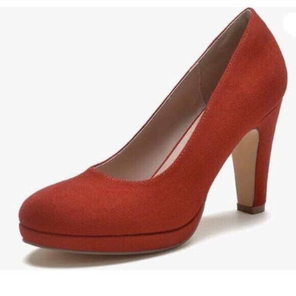 miss left Women's Low Platform High Chunky Heels Slip On Closed Round Toe Red - Picture 1 of 8